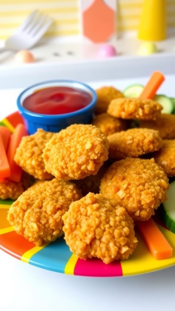 Crispy quinoa chicken nuggets on a plate with ketchup and fresh vegetables.